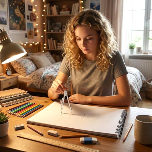 Student Geometry Math Set, 12 Inch/30cm Clear Plastic Ruler, 6 Inch Clear Protractor, Drawing Compass, Ruler Protractor and Compasses Set for School, Office, Classroom, Math Drawing, Drafting, Art