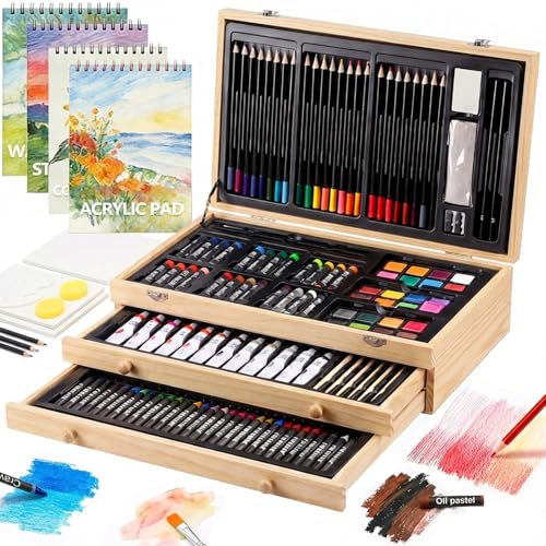 194 Piece Deluxe Art Set, Painting Drawing Art Supplies with 4 Drawing Pads, Acrylic Paints, Crayons, Colored Pencils Set in Wooden Case, Art Kit Gift Box for Kids, Teens, Adults, Artists, Beginners - color: Wood