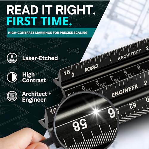NOKKO Architectural Scale Ruler Set with Engineer Scale and Metal Ruler, 12 Inch Aluminum Drafting Rulers for Blueprints, Engineering Drawings and Floor Plans