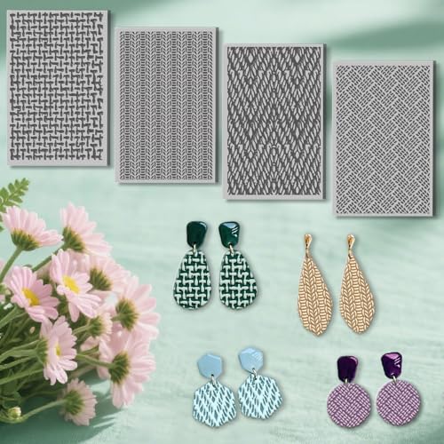 4 Pcs Fabric Textures Element Clay Texture Mat Polymer Clay Texture Sheets DIY Tools for Pottery Earring Jewelry Making Stamp Engraving Machines, 4x2.6inch - style: Fabric Textures