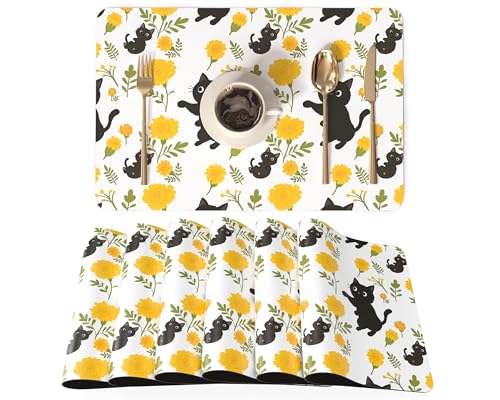 QIYI Placemats Set of 6, 12x18 Inch Faux Leather Place Mats for Kitchen Dinning, Heat Resistant Anti Slip Flower Table Mats, Waterproof Wipeable Washable Placemat Party Table Décor, Cute Black Kittens - color: Cute Black Kittens, size: Set of 6