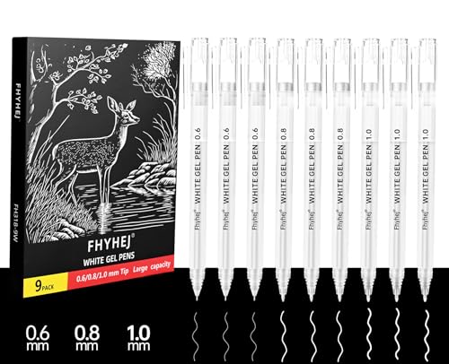 9 Pack White Ink Gel Pens, 0.6/0.8/1mm Assorted Tips for Black Paper | Opaque archival ink, assorted tips, fade-resistant, for artists drawing sketching journaling DIY crafts black paper - color: White, size: 0.6/0.8/1.0 mm