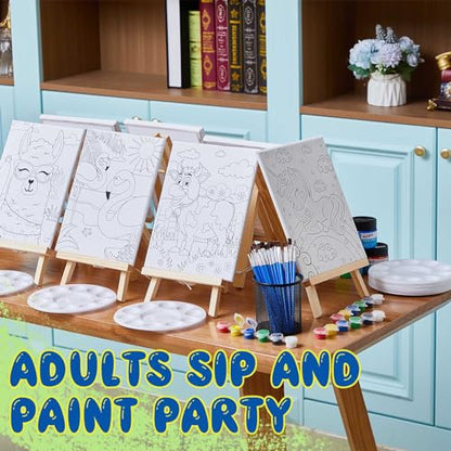 Ireer 84 Pcs 12 Sets Paint Party Kits Animal Pre Drawn Canvas, Wooden Easel, Paintbrushes, Palette, Acrylic Paints and Aprons, Pre Drawn Canvas to Paint for DIY Birthday Party Gift(8 x 10 Inches) - size: 8 x 10 inches