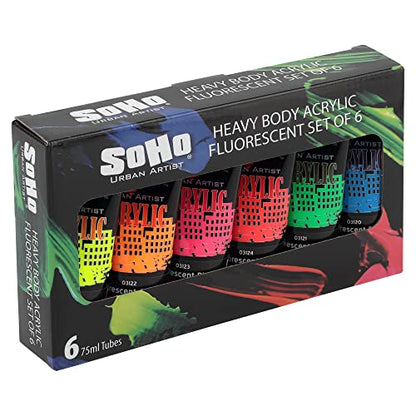 Soho Urban Artist Heavy Body Acrylic Paint - Set of 6-75mL - Fluorescent - Thick, Rich Color, Excellent Coverage, Professional Quality - Artists Acrylic Paint - size: 1 Fl Oz (Pack of 6)