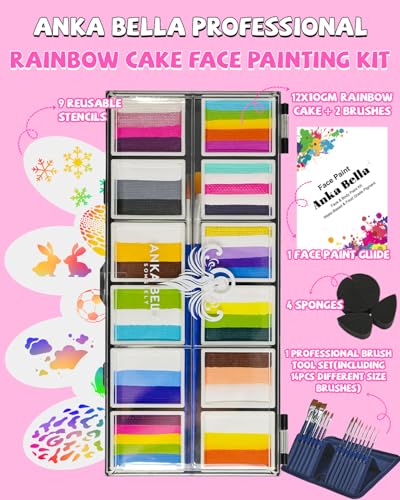 Anka Bella Professional Face Painting Kit for Kids and Adults with tutorial | Water activated face paint,Rainbow cake with Stencil and brush - color: Animal Design Rainbow Cake
