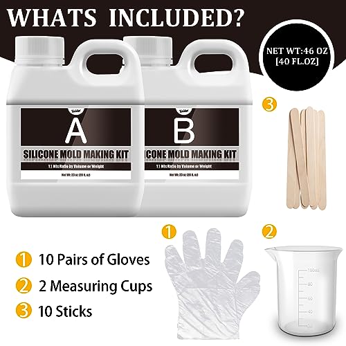Silicone Molds Making Kit - 46oz Translucent Liquid Silicone Rubber for Mold Making - Elastic 1:1 Mixing Ratio Fast Curing Molding Silicone for Casting, DIY Resin Molds, Candle Molds, Soap Mold, Craft