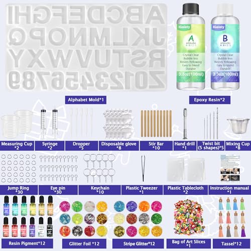IGaitey Epoxy Kit with Reverse Alphabet Molds for Keychain Pendant | Beginner-Friendly Resin Kit with Backward Letter Molds, 169 Pcs Pigments & Tools for Adult DIY Jewelry Casting - size: Alphabet 100ml