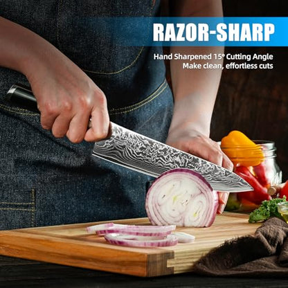 Sunnecko Kitchen Knife Set of 3, Chef Knife Set Damascus Steel Knives Set for Kitchen Sharp VG10 Corn, Full Tang with Gift Box - size: Set of 3-8 Inch