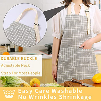 Tosewever 2 Pieces Kitchen Cooking Aprons, Waterproof Linen Adjustable Bib Aprons with 2 Pockets for Women Men Chef (Grey Stripes/Plaids, 2) - color: Grey Stripes/Plaids
