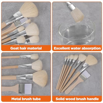 ElevateTech Gilding Brush Set, 7 Pcs Goat Hair Blend Mop Brush Set with Color Palette for Acrylic Painting Professional Blending Brushes for Gouache Watercolor Oil Face Body Art Painting Gold foil