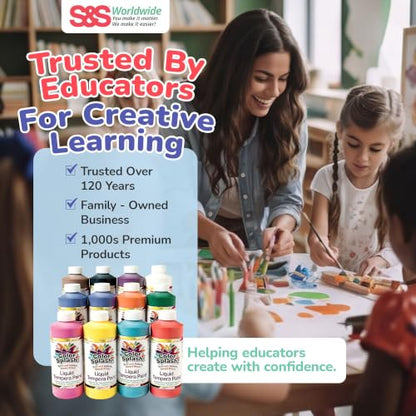 S&S Worldwide Color Splash! Washable Tempera Paint Set of 12-16oz Easy-Pour Paint Bottles in 11 Bright Colors - Great for Arts & Crafts, School, Classroom, Poster Paint, Non-Toxic