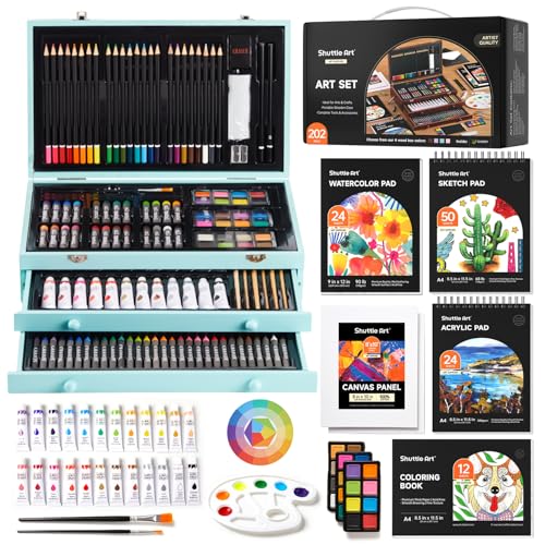 Shuttle Art Deluxe Gift Art Kit, 202-Piece Wooden Art Supplies Set with 4 Drawing Pads, Canvases, Coloring Sheets, Acrylic Paint, Crayons, Oil Pastels, Colored Pencils for Kids - color: Teal, size: 202 Piece Set