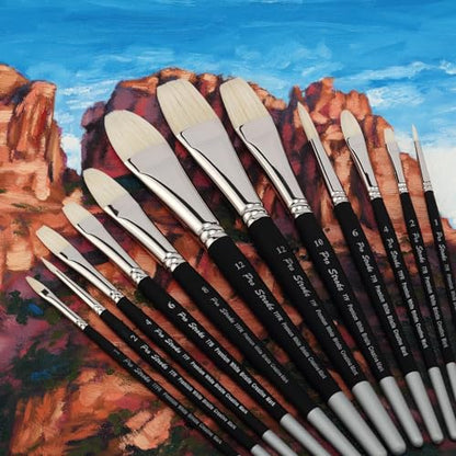 Creative Mark Pro Stroke Premium White Chungking Hog Bristle Artist Paint Brush - Short Handle Set of 12 with Easel Case - Natural Bristle Brush w/Soft Touch Handle for Oils and Acrylics