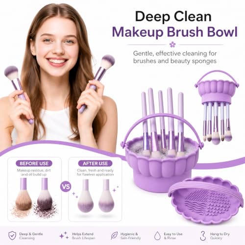 Pinkiou Makeup Brush Cleaner Mat, 3-in-1 Silicone Cosmetic Brushes Cleaning Bowl with Hanging Drying Mesh & Holder Organizer, Multi-Texture Wash Pad Tool for Sponges, Powder Puffs, Home and Travel - color: Purple