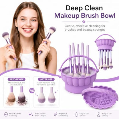 Pinkiou Makeup Brush Cleaner Mat, 3-in-1 Silicone Cosmetic Brushes Cleaning Bowl with Hanging Drying Mesh & Holder Organizer, Multi-Texture Wash Pad Tool for Sponges, Powder Puffs, Home and Travel - color: Purple