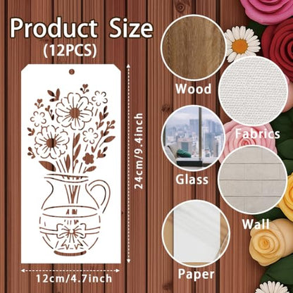 12 Sheets Vase Bouquet Painting Stencils, 12 Styles Roses Sunflowers Tulips Drawing Templates Wildflower Reusable PET Art Stencils for Painting on Wall Wood Home Decor - style: Vase Bouquet