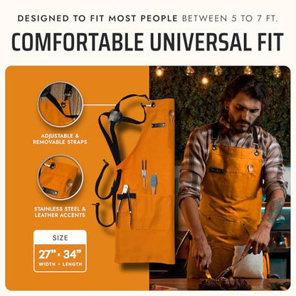 Asaya Chef and BBQ Apron with Bottle Opener and Hand Towel - 10oz Cotton Canvas, Stainless Steel Hardware - Cross Back Straps - color: Orange