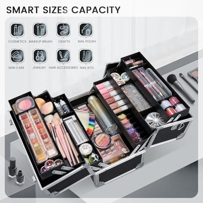 FRENESSA Makeup Train Case Makeup Case 12.6 Inch Large Cosmetic Box Organizer Travel Storage Professional Make Up Train Carrying Case with 6 Trays Locking Shoulder Strap Hard Vanity Storage Black - color: Black