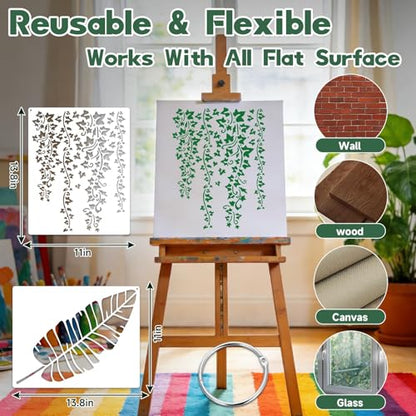 12 Pcs Large Tree Leaf Vine Stencils for Painting on Wood, Reusable Wood Burning Drawing Art Paint Stencil, Plant Tropical Leaves Templates for Home Wall Decor(Leaf) - style: Leaf