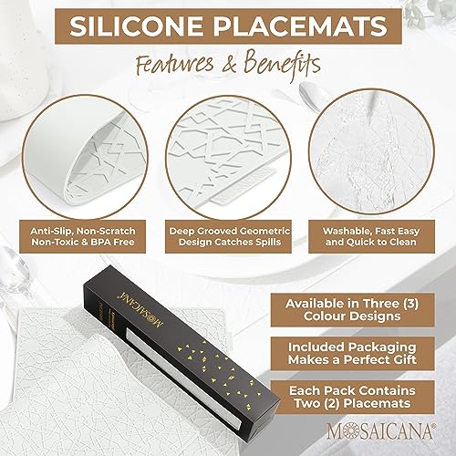 Modern Silicone Placemat Set of 2- Table Protector for Dining Room Table, Kitchen, Craft Mat- Non-Toxic, Anti-Slip, Dishwasher Safe, BPA Free, Heat Resistant - (White) - color: White