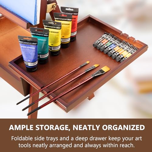 Large Wooden H-Frame Studio Easel with Storage Drawer and Palettes, Solid Beechwood Painting Easel for Students, Beginners, and Artists, Hold Canvas to 36Inches High, Walnut - style: Side Trays Walnut