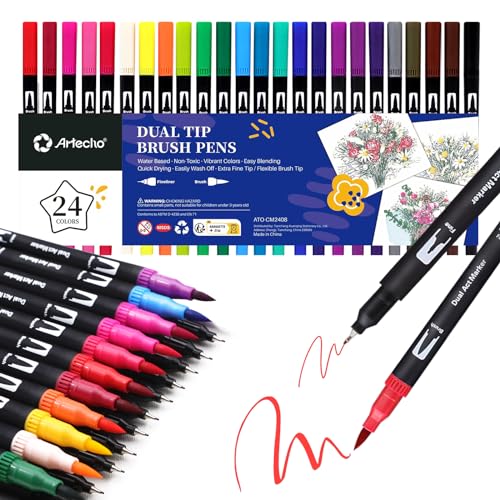 Artecho 24 Colors Markers for Adult Coloring Books, Dual Tip Markers for School, Fine and Brush Tip for Adults Coloring Books, Calligraphy, Drawing, Sketching - style: 24 colors