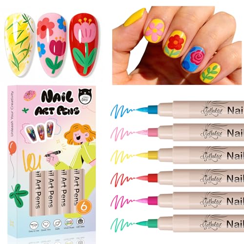 6 Colors Nail Art Pens Set, Spring Neon 3D Nail Polish Pens 0.7mm, Quick-Drying Acrylic Paint Markers, Dotting Liner Brush for DIY Nail Design, Home & Salon Manicure Tools Beginners Gifts - color: blue