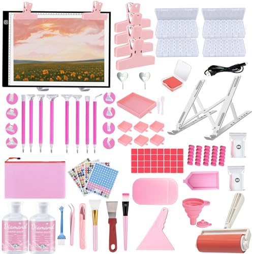 DNSGOOR 244Pcs All Inclusive Diamond Art Accessories Kit Diamond Painting A3 LED Light Pad Set with Diamond Art Sealer Glue Stand Storage Case Pens 5D Painting Tools for DIY Drill Craft - color: Pink, size: A3