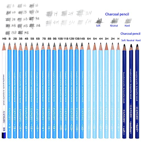 YYMIYU 24 Drawing Pencils Set, Art Sketching Pencils Charcoal Set 14B,12B,11B,10B,9B,8B,7B,6B,5B,4B,3B,2B,B,HB,H,2H,3H,4H,5H,6H,& Soft Neutral Hard Charcoal Pencils - style: 24 Drawing Pencils Set