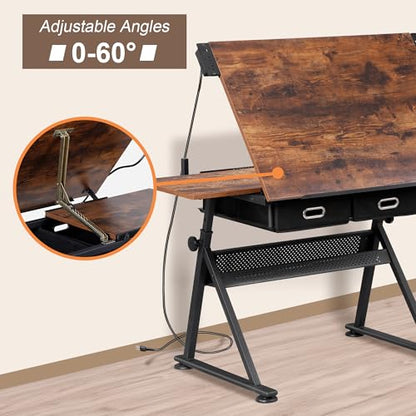 ZENY Adjustable Drafting Table with Stool, Tilting Drawing Desk Artist Table with Storage Drawers, Art Craft Workstation for Home Office Reading, Writing, Crafting - color: Retro-with Outlet