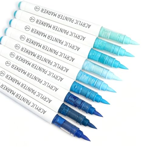 languo Acrylic Paint Markers, 9 Blue Series Colors Acrylic Paint Pens, Soft Brush Tip Marker with Water Based Ink for Rock Painting, Wood, Glass, Fabric, DIY Art and Craft - color: Blue Series