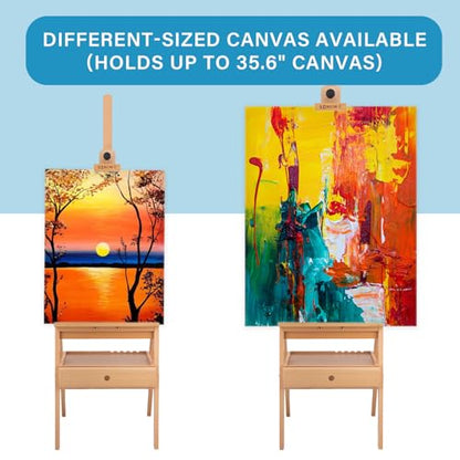 Large Wooden H-Frame Studio Easel, Solid Beechwood Easel Stand with Storage Drawer, Height Adjustable to 35Inches High, Suitable for Painting, Sketching and Displaying, Natural - style: Basic Natural