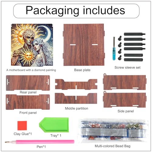 DIY Diamond Art Storage Box, Sun & Moon Deity Design Wooden Diamond Painting Case with Flip-Top Lid and 4 Divided Compartments, Desktop Craft, Jewelry and Accessories Supplies Storage Container - color: Sun & Moon