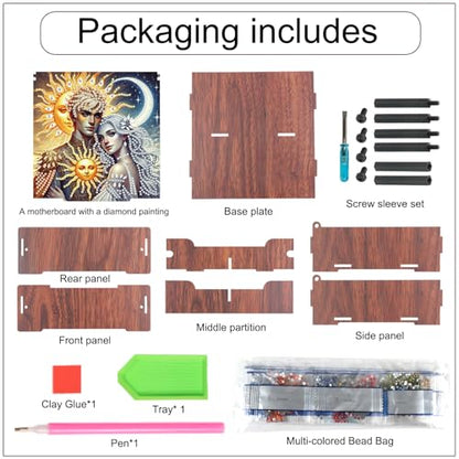 DIY Diamond Art Storage Box, Sun & Moon Deity Design Wooden Diamond Painting Case with Flip-Top Lid and 4 Divided Compartments, Desktop Craft, Jewelry and Accessories Supplies Storage Container - color: Sun & Moon