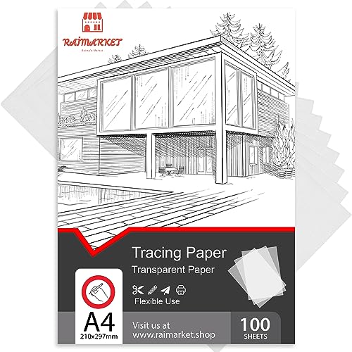 Raimarket Tracing Paper for Drawing 100 Sheets, 8.3"x11.7" 60gsm Transparent Paper, Translucent Vellum Trace Paper for Sketching, Preliminary Drawing, Overlays, Sewing Patterns, Architectural Drafting - color: White_Paper