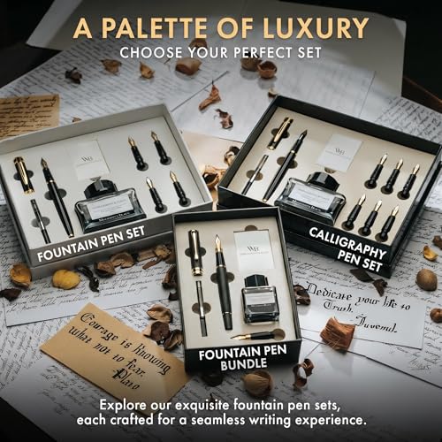 Wordsworth & Black Fountain Pen Set, Luxury Bamboo Wood - Medium Nib, Extra Fine Nib, Gift Case; 25ML Black Ink Bottle, 6 Ink Cartridges, Refill Converter - Calligraphy, Writing [Black Wood] - color: Black Wood