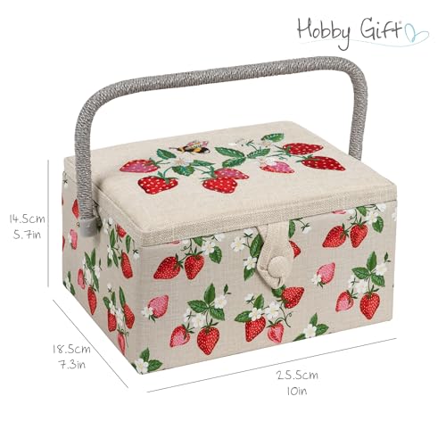 Hobby Gift Medium Sewing Box Organiser, Fabric Covered Storage Box with Handle, Internal Tray, Pin Cushion and Pocket for Sewing, Quilting and Knitting Supplies - color: Strawberries