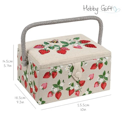 Hobby Gift Medium Sewing Box Organiser, Fabric Covered Storage Box with Handle, Internal Tray, Pin Cushion and Pocket for Sewing, Quilting and Knitting Supplies - color: Strawberries