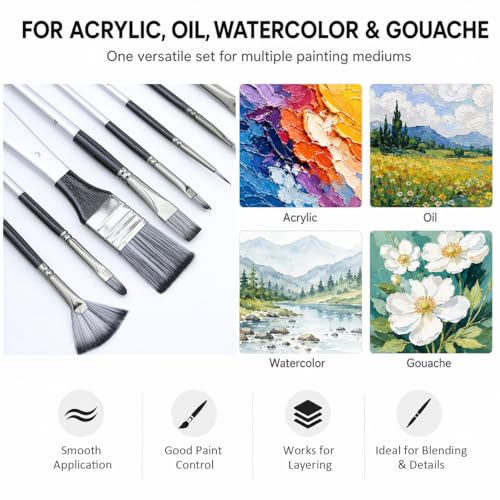 24Pcs Multi-Shape Paint Brushes Set for Acrylic, Oil, Watercolor & Gouache with Palette Knife and Waterproof Canvas Roll, Synthetic Bristles Art Supplies for Artists & Beginners