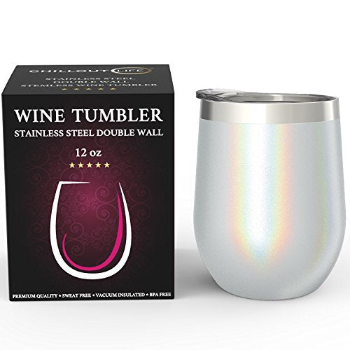 CHILLOUT LIFE 12 oz Stainless Steel Wine Tumbler with Lid - Double Wall Vacuum Insulated Wine Cup Glass Keeping Cold & Hot for Coffee, Champagne, Cocktails, Ice Cream - Holographic Glitter - color: Holographic Glitter, style: 1 Pack