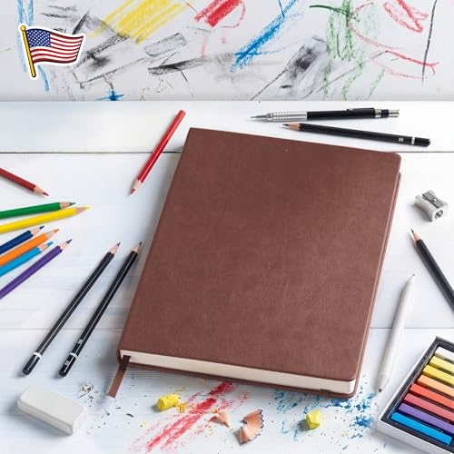 BROWNSTONE JOURNALS A4 Sketch Book Hardcover - 80 Sheets 100 GSM Paper 8.5"x11.5", Lay Flat, Vegan Leather Cover, Elastic Band, Back Pocket, Art Drawing Book (Chestnut Brown) - color: Chestnut Brown, size: A4 (8.5" x 11.5")