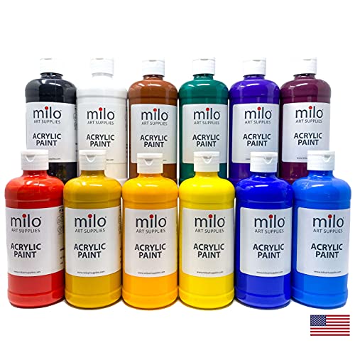 milo Acrylic Paint Set of 12 Colors | 16 oz Bottles | Student Primary Colors Acrylics Painting Pack | Made in the USA | Non-Toxic Arts & Crafts Paints for Artists & Hobby Painters - style: Primary Set 12 x 16 oz