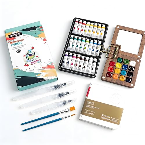 Mini Watercolor Travel Paint Set, Travel Watercolor Set, Portable Artist Palette Sets with Colours, Book,Binder Clips,Pens,Wooden Paint Box for Painters Artists Student (15 Grids) - color: Walnu -A