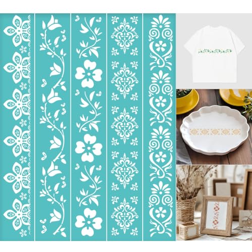 2 Pcs Flower Borders Silkscreen Stencil, Reusable Self-Adhesive Silk Screen Printing Plants and Floral Pattern Mesh Transfers Stencil for Painting on Wood Fabric DIY T-Shirt - style: Flowers