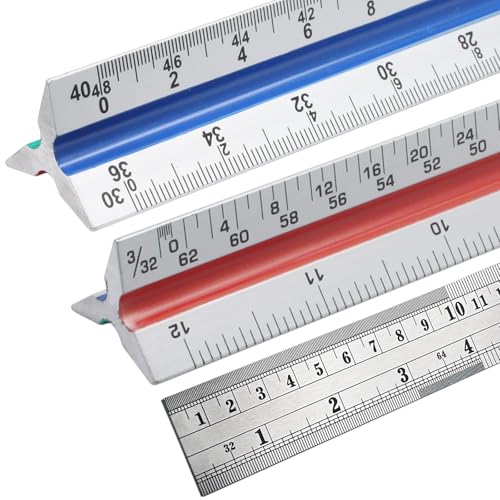 Biaungdo 3 Pack Architectural and Engineer Scale Ruler Set, 12 Inch Aluminum Triangular Drafting Tool, Laser-Etched Architect Scales Ruler for Draftsman, Standard Metal Ruler Included, Color-Coded