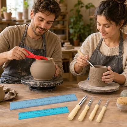 7Pcs Pottery Tools Set Includes Clay Sculpture Ceramic Shrinkage Scale Ruler, Standard Ruler, Bent-Leg Plastic Caliper, Stainless Steel Circular Clay Hole Cutters for Carving Shaping Modeling Drilling