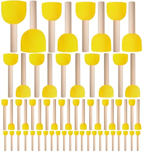 60 Pcs Round Paint Sponges Set, 5 Sizes Sponge Brushes for Painting, Sponge Paint Brushes for Acrylic Painting, Wooden Handle Craft Sponges for DIY, Crafts and Kids Arts - style: 60 Pcs Yellow