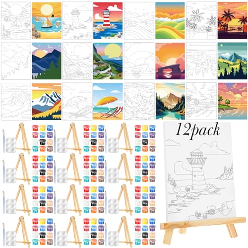 Zhanmai 72 Pcs 12 Sets Sip and Paint Kit Pre Drawn Canvas for Painting 8" x 10" Paint Party Canvas Painting Pre Printed Canvases for Party DIY Virtual Adult's Date Night(Landscape) - style: Natural Landscape