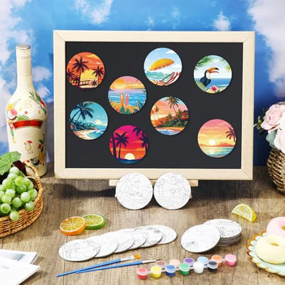 24 Pcs Magnetic Canvas Mini Round Canvas Boards Pre Drawn Canvases with Brushes Acrylic Paints Pre Printed Painting Boards for Students DIY Fridge Locker Art Craft(Hawaii)