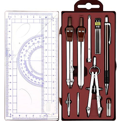 Outus 13 Pcs Geometry Set for Students Metal Compass Math Protractor with Rulers Mechanical Pencil Lead Refills Storage Box of Protractors Kit for School Class Student Drafting Drawing